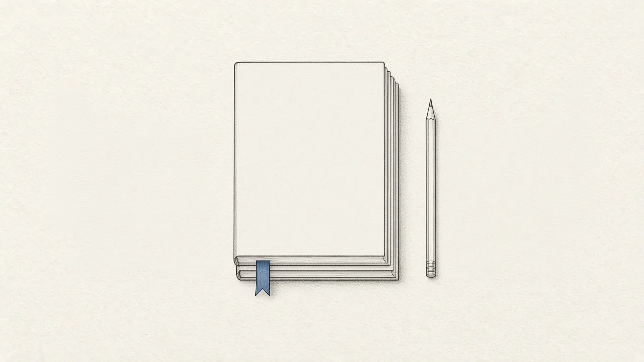 A stack of untitled blank books seen from above, with a blue ribbon and a pencil beside them.