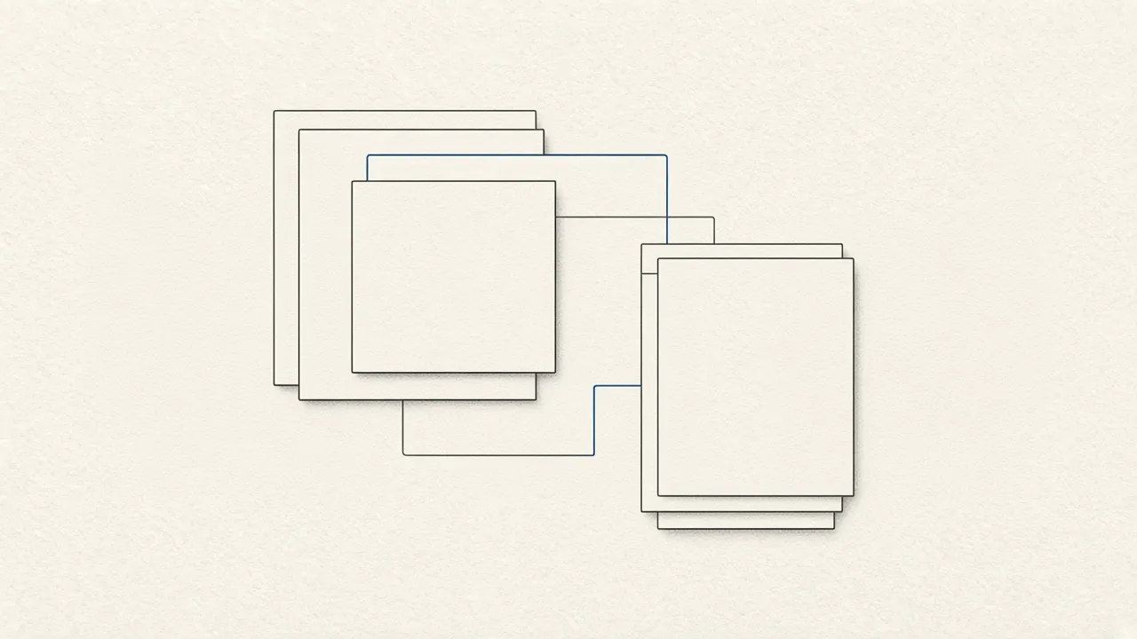 Nested blank sheets overlap and connect, with one joining line drawn in blue.