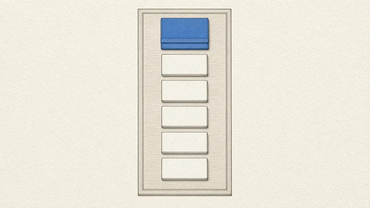 A long table seen from above, with a blue folder at the head and a column of blank notepads.