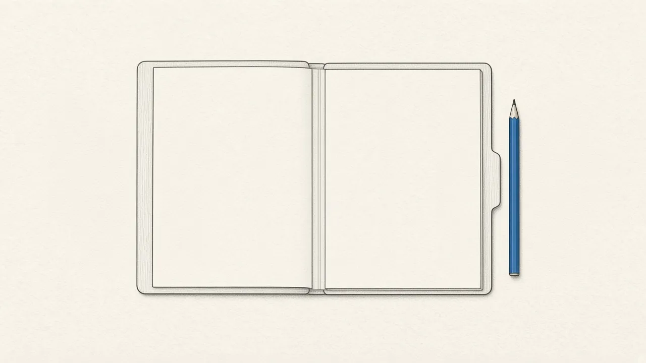 An open blank folder seen from above, with a blue pencil beside it.