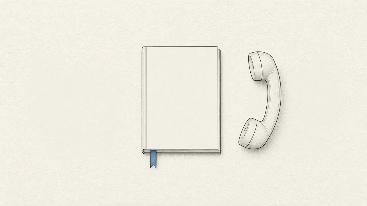 A blank closed notebook with a blue ribbon sits beside an unbranded telephone handset.