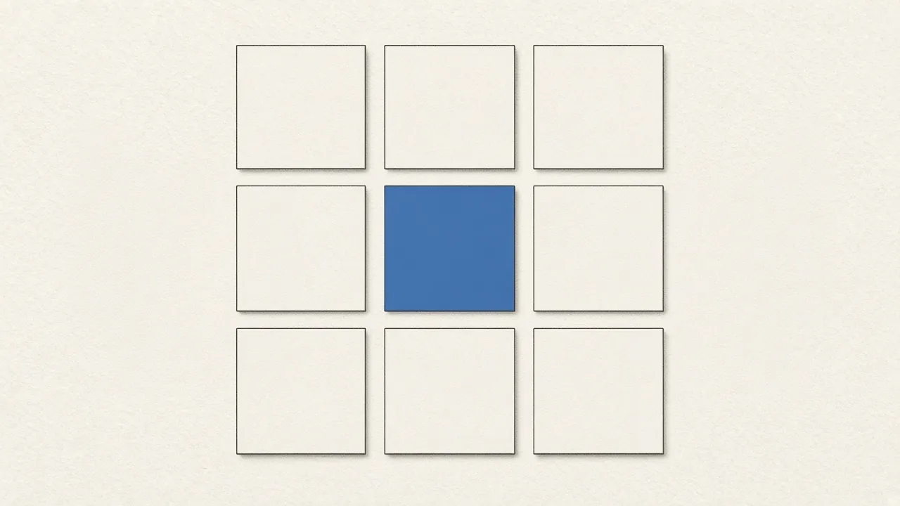 A three-by-three grid of blank cards, the centre card filled in blue.