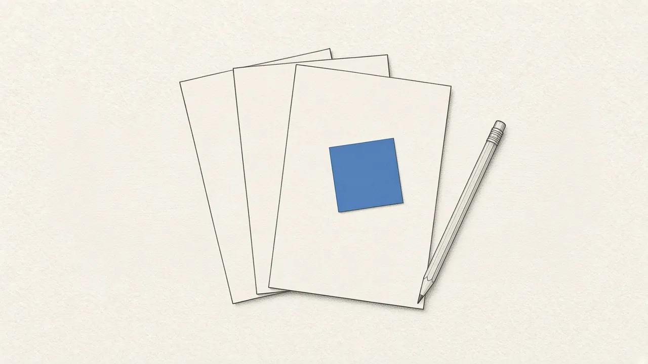 Three overlapping blank sheets, a pencil, and a small blue paper square.
