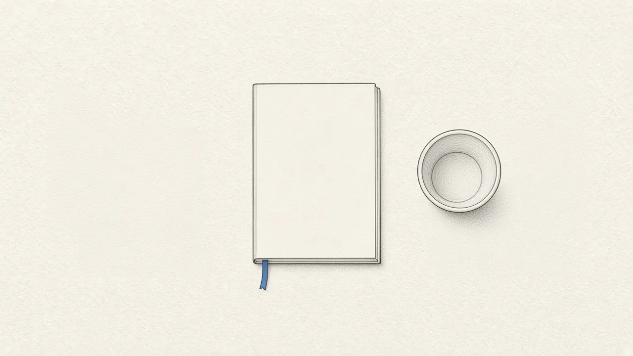 A closed blank journal with a blue ribbon bookmark beside an empty cup.