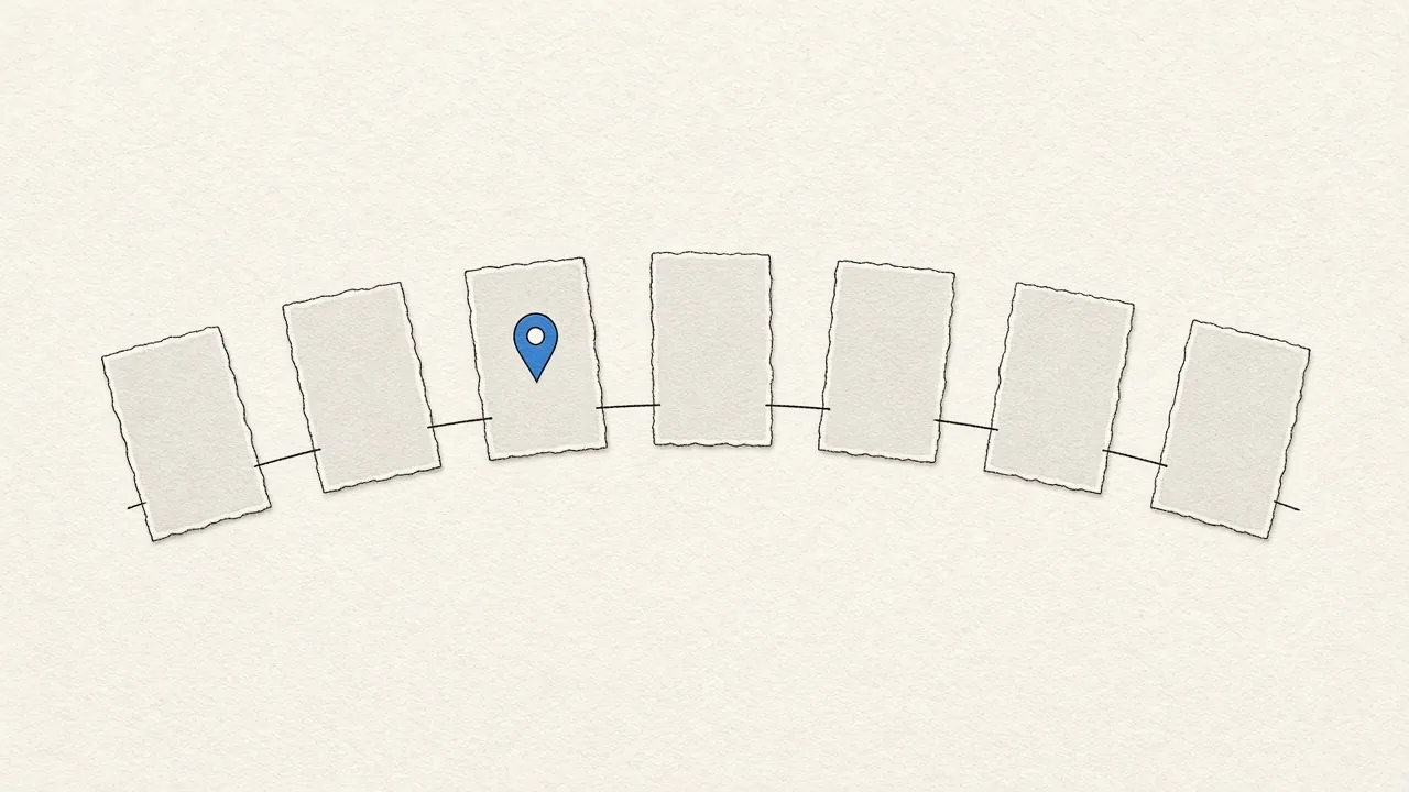 Blank paper slips follow a thin arc, with a blue pin on one slip.
