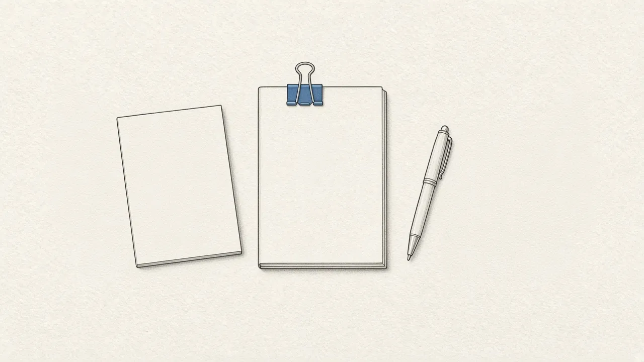 A blank pad held by a blue binder clip, a second blank sheet, and a pen.