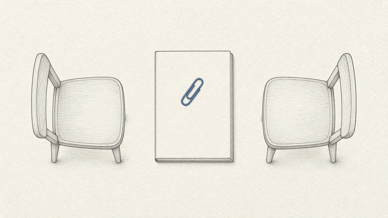 Two empty chairs drawn in ink face each other across a blank notebook, with a blue paperclip on the cover.