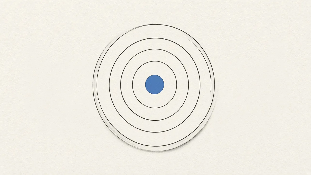 Concentric ink rings on warm paper, with a small blue disc at the centre.