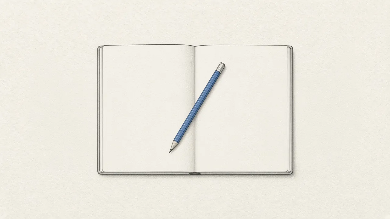 An open blank notebook with a blue pencil lying across the empty pages.