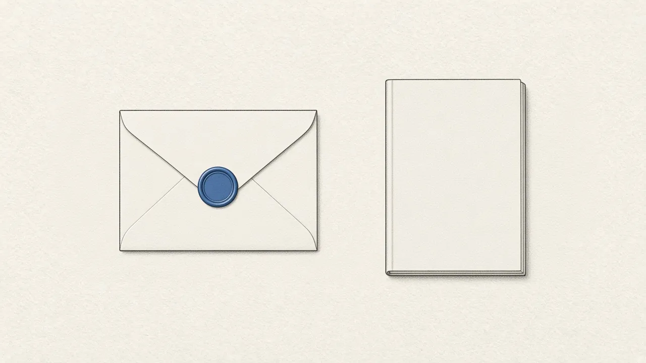 A sealed envelope with a plain blue wax seal beside a blank closed notebook.