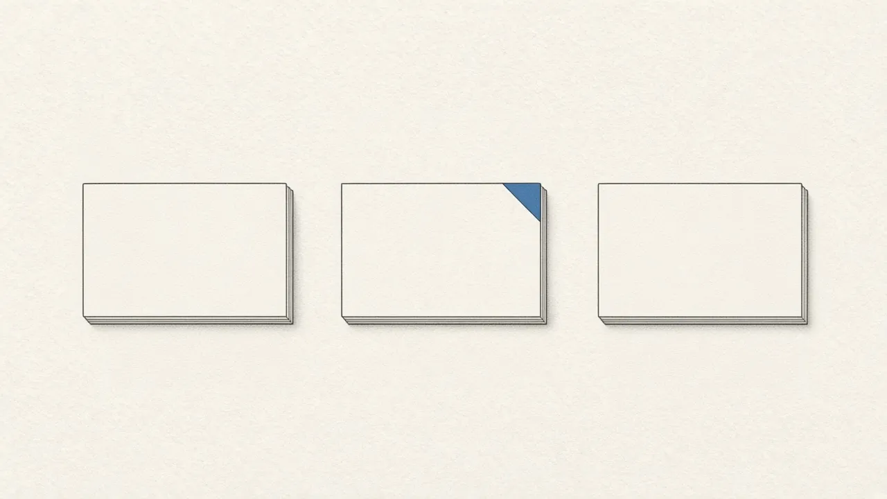 Three stacks of blank cards in a row, the middle stack marked with a blue corner.