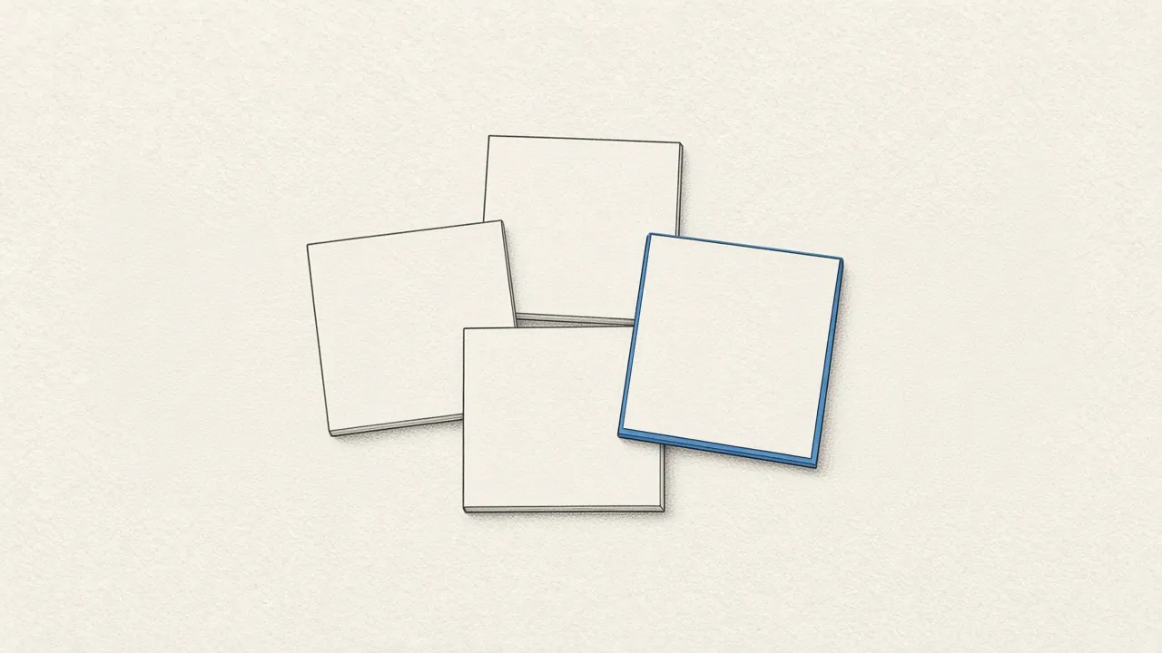 A loose cluster of blank square notes, the front one outlined in blue.