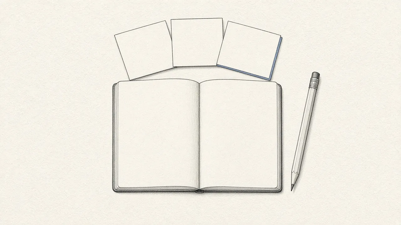 An open blank notebook, a pencil, and three empty index cards, one of them edged in blue.