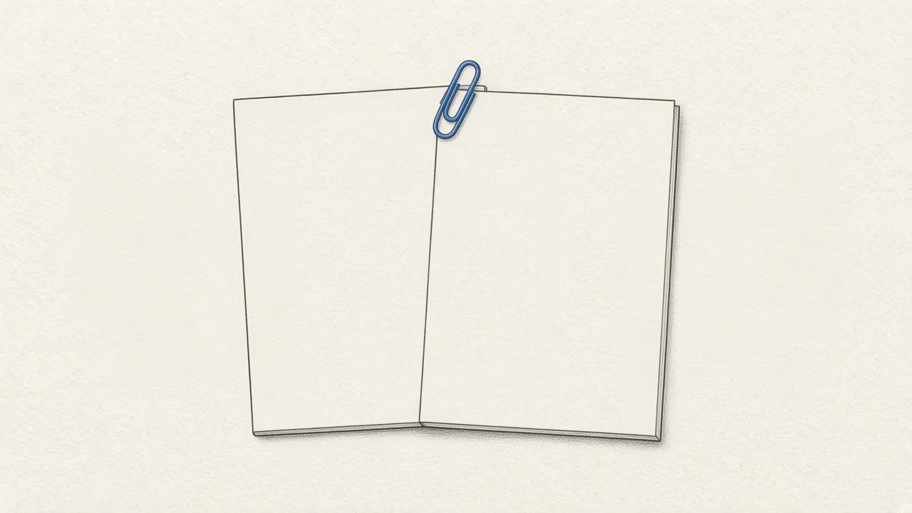 Two blank sheets overlap and are joined at the top by a blue paperclip.